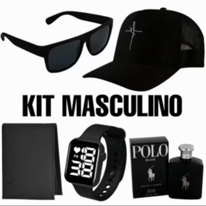 Kit Masculino Perfume Pólo Black + Óculos + Carteira+Boné+Óculos +Relógio Digital A Prova D'água