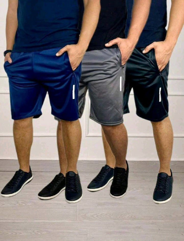 SHORT KIT 3 BERMUDAS REFLETIVO PRETO / CINZA / AZUL REFLETIVO CASUAL ACADEMIA ATIVIDADE